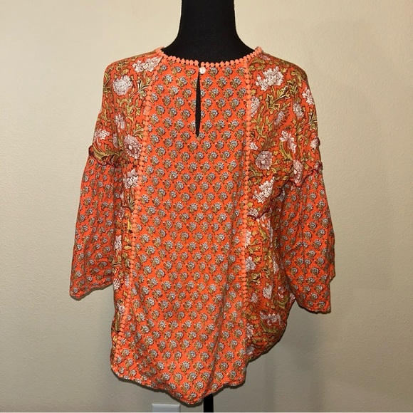 Rachel Zoe Orange Floral Blouse Boho 3/4 Sleeve - Picture 4 of 9